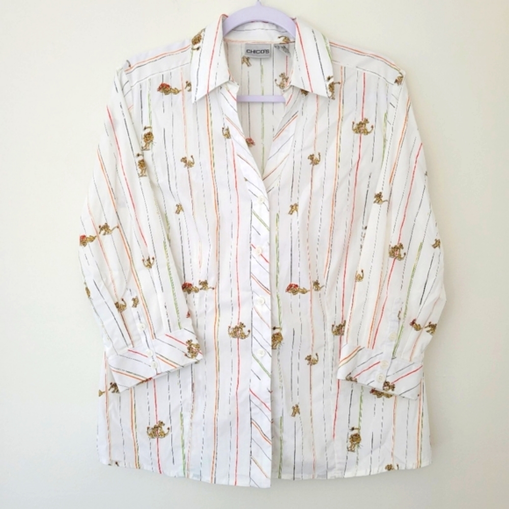 [Rare] VTG‎ Chico's Lion Novelty Rockabilly V Neck Blouse Size 1 /M